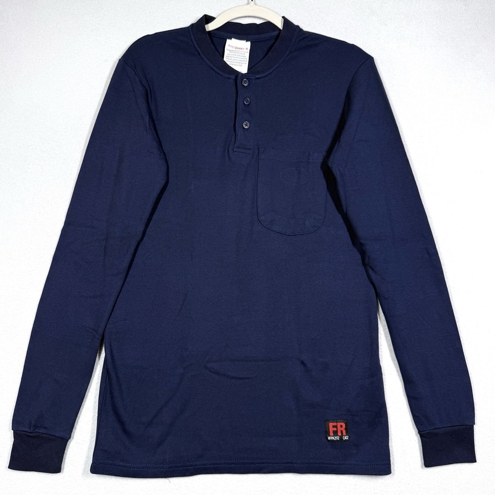 Ticomela FR Shirt Mens Small Flame Resistant Henley Long Sleeve Workwear Navy